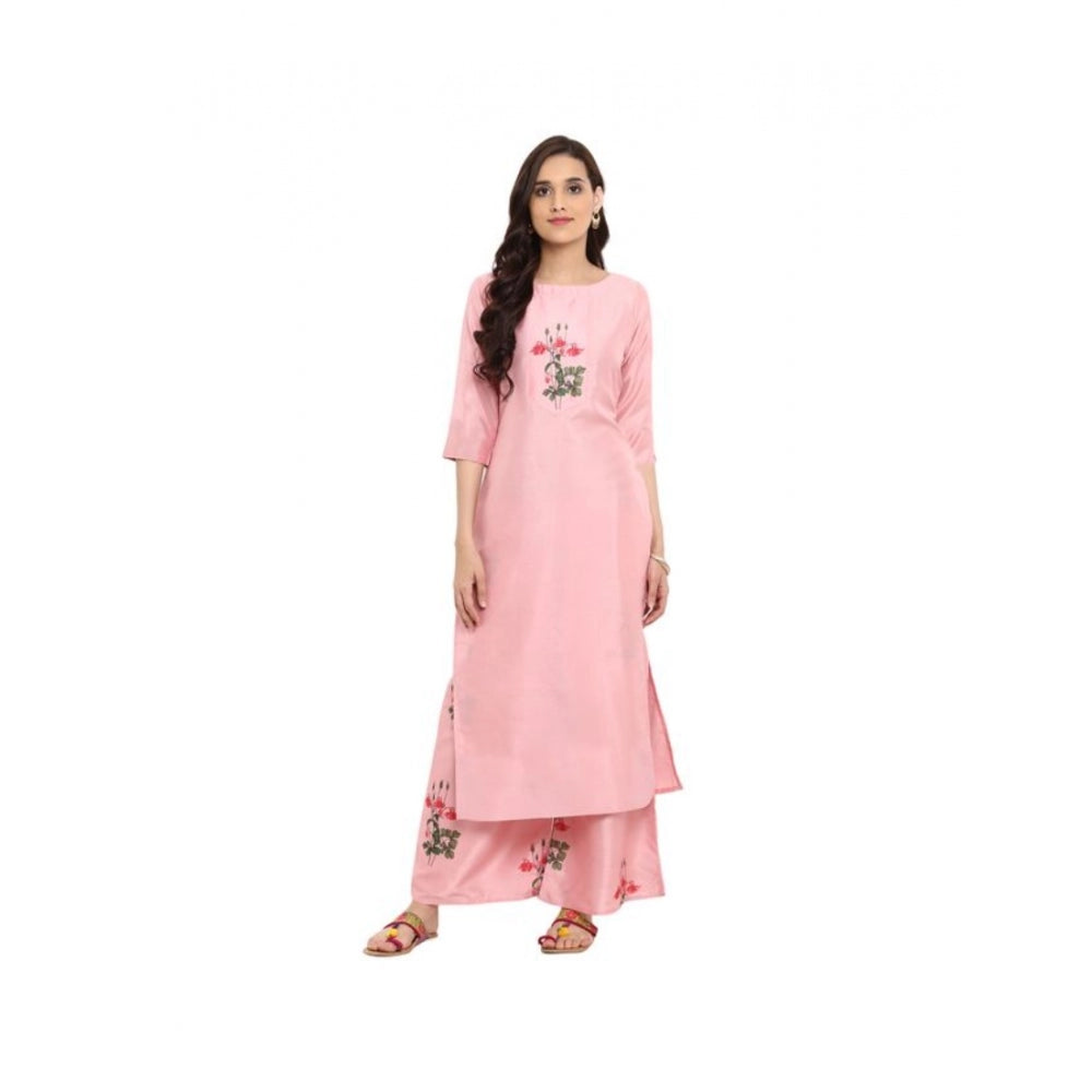 Generic Women's Casual 3-4Th Sleeve Floral Printed Poly Silk Kurti and Palazzo Set (Pink) - Noble Nook