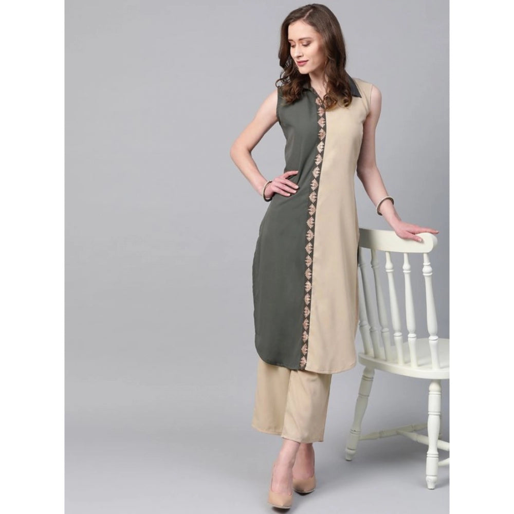 Generic Women's Casual Sleeveless Solid Crepe Kurti And Palazzo Set (Grey) - Noble Nook