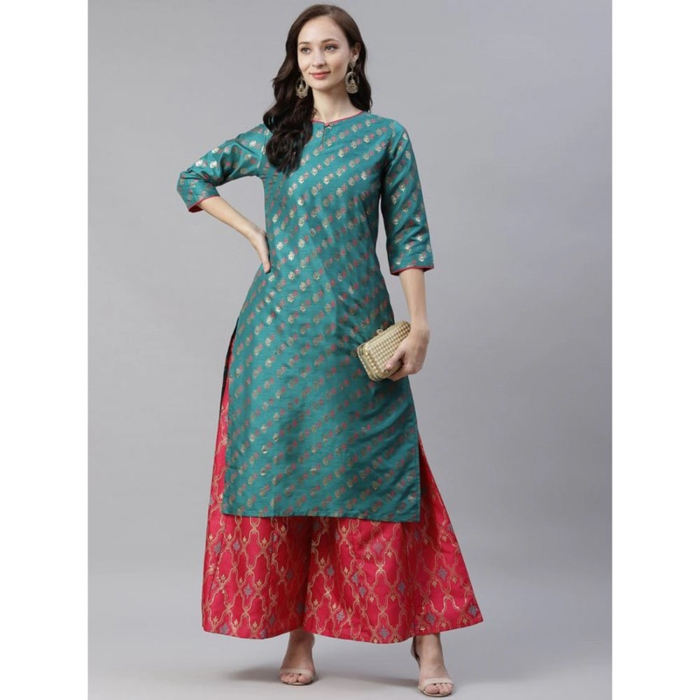 Generic Women's Casual 3-4Th Sleeve Ethnic Motifs Poly Silk Kurti And Palazzo Set (Green) - Noble Nook