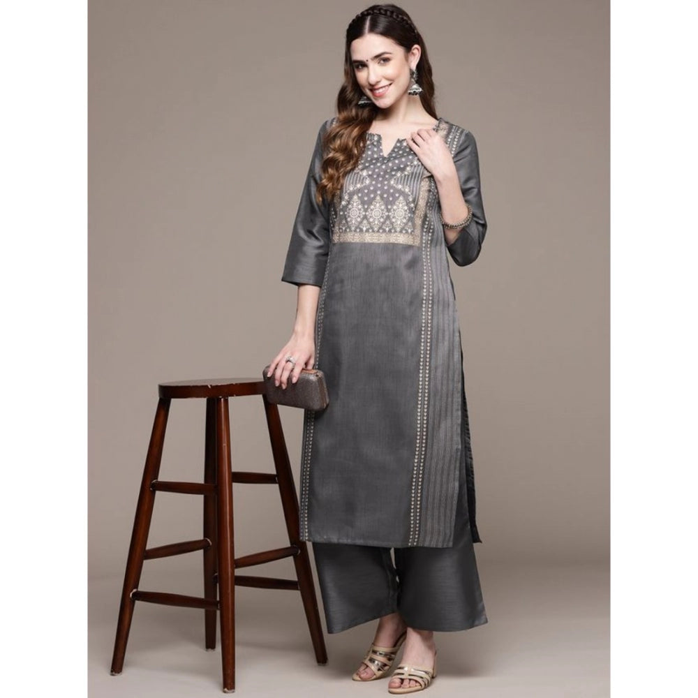 Generic Women's Casual 3-4Th Sleeve Ethnic Motifs Poly Silk Kurti And Palazzo Set (Dark Grey) - Noble Nook