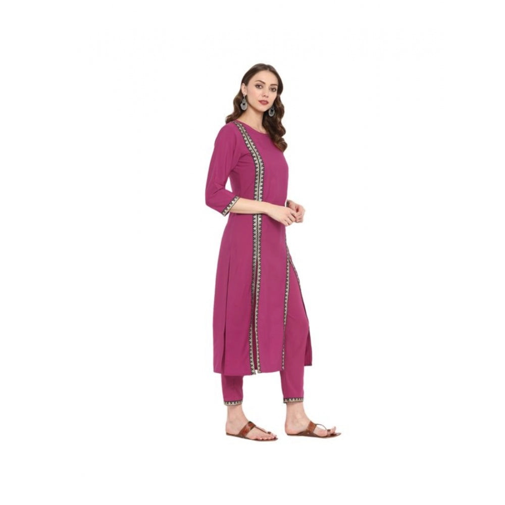 Generic Women's Casual 3-4Th Sleeve Solid Crepe Kurti And Pant Set (Pink) - Noble Nook