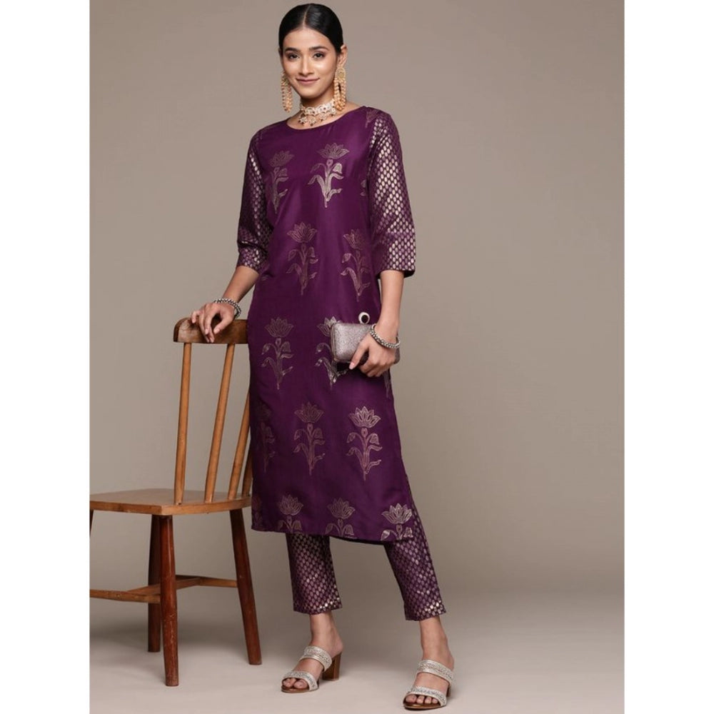 Generic Women's Casual 3-4Th Sleeve Floral Printed Chinon Kurti and Pant Set (Purple) - Noble Nook