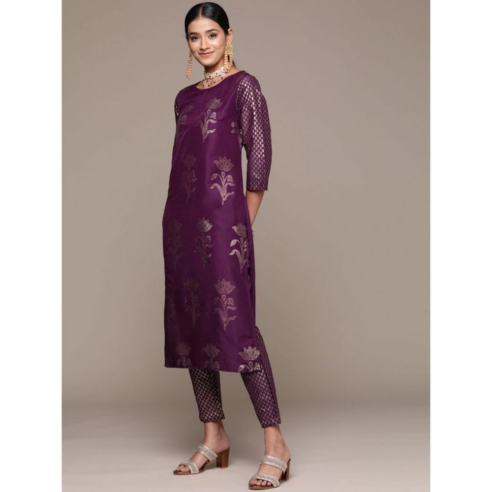 Generic Women's Casual 3-4Th Sleeve Floral Printed Chinon Kurti and Pant Set (Purple) - Noble Nook