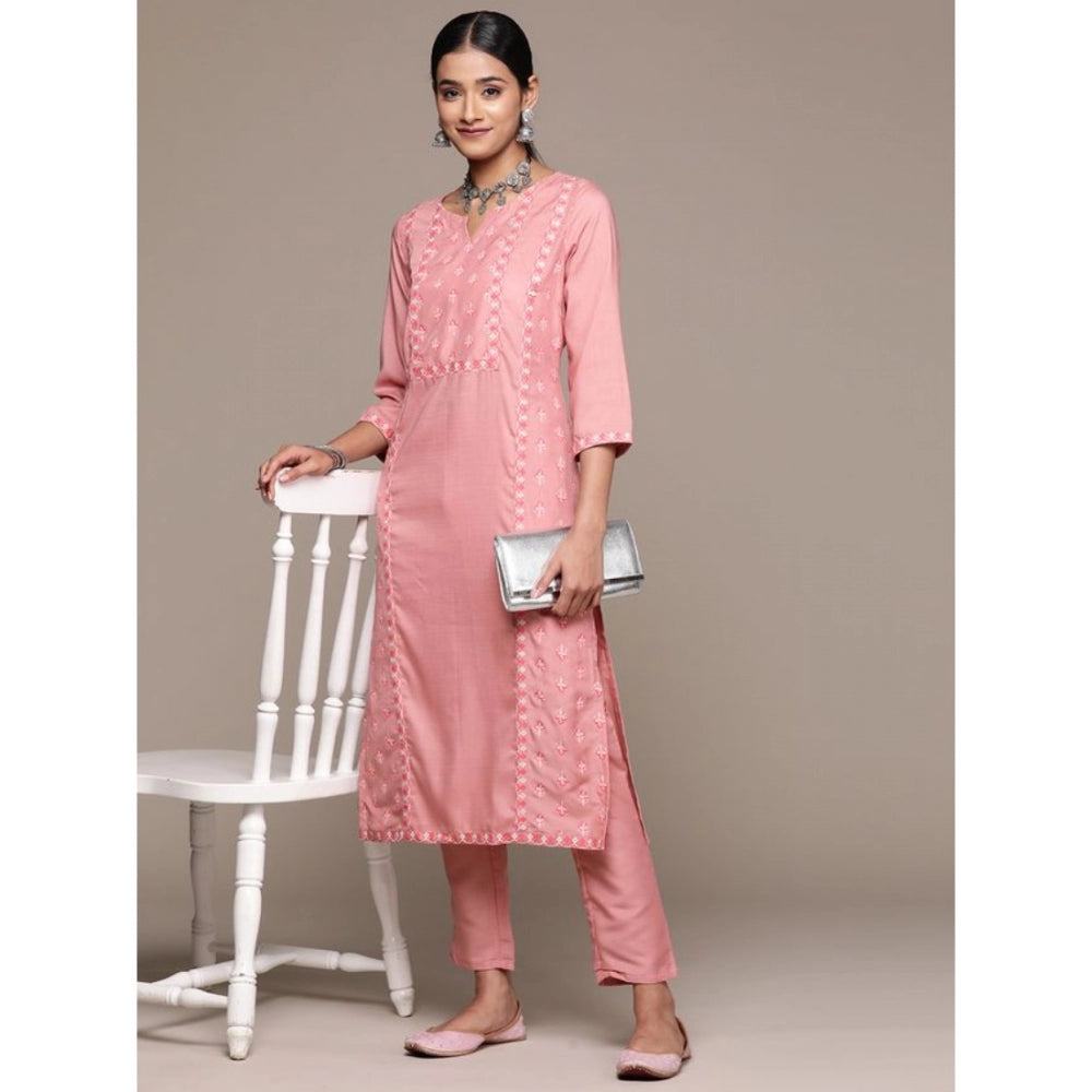 Generic Women's Casual 3-4Th Sleeve Floral Printed Chinon Kurti and Pant Set (Peach) - Noble Nook