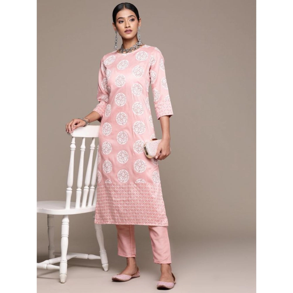 Generic Women's Casual 3-4Th Sleeve Floral Printed Chinon Kurti and Pant Set (Peach) - Noble Nook