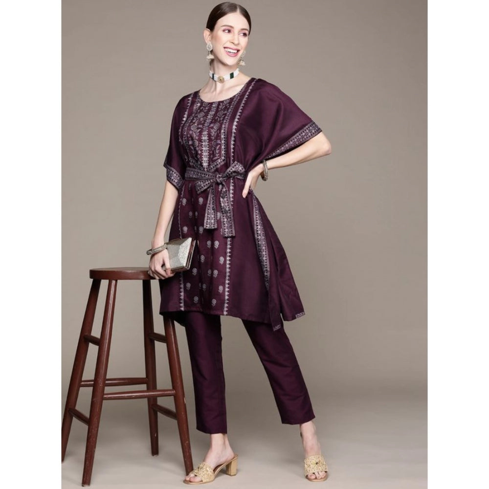 Generic Women's Casual 3-4Th Sleeve Floral Printed Chinon Kurti And Pant Set (Wine) - Noble Nook