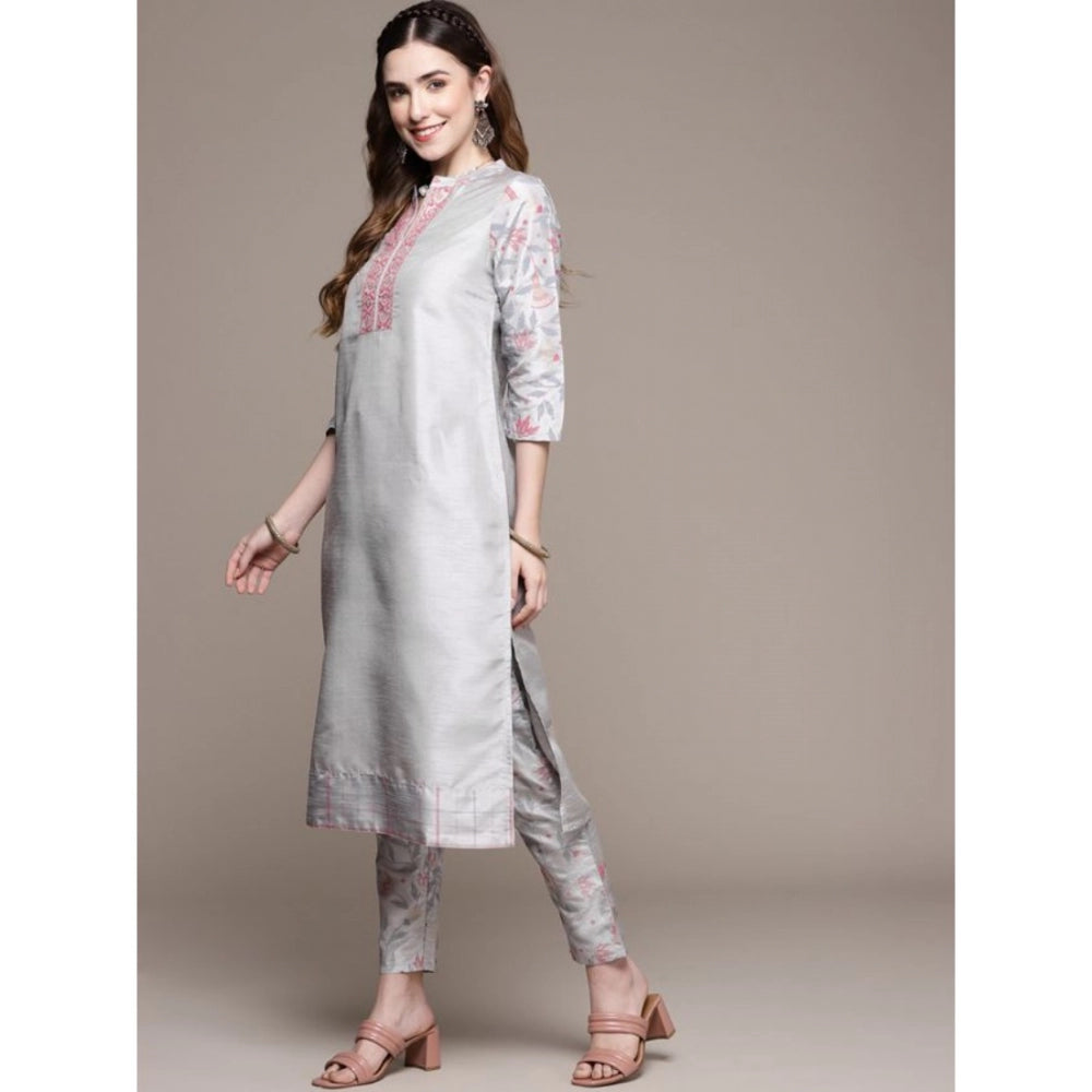 Generic Women's Casual 3-4Th Sleeve Solid Poly Silk Kurti and Pant Set (Light Grey) - Noble Nook