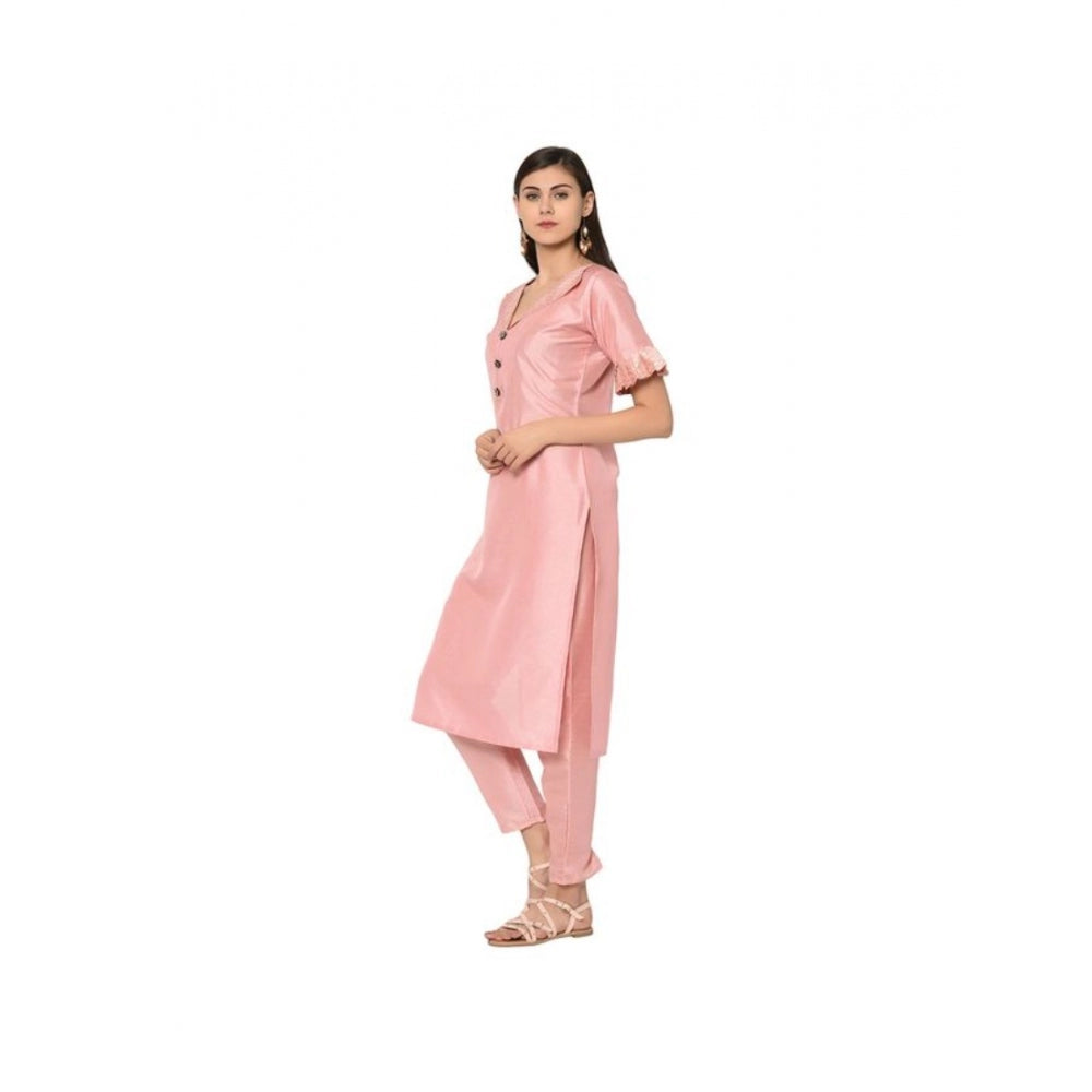 Generic Women's Casual Half Sleeve Solid Poly Silk Kurti and Pant Set (Pink) - Noble Nook