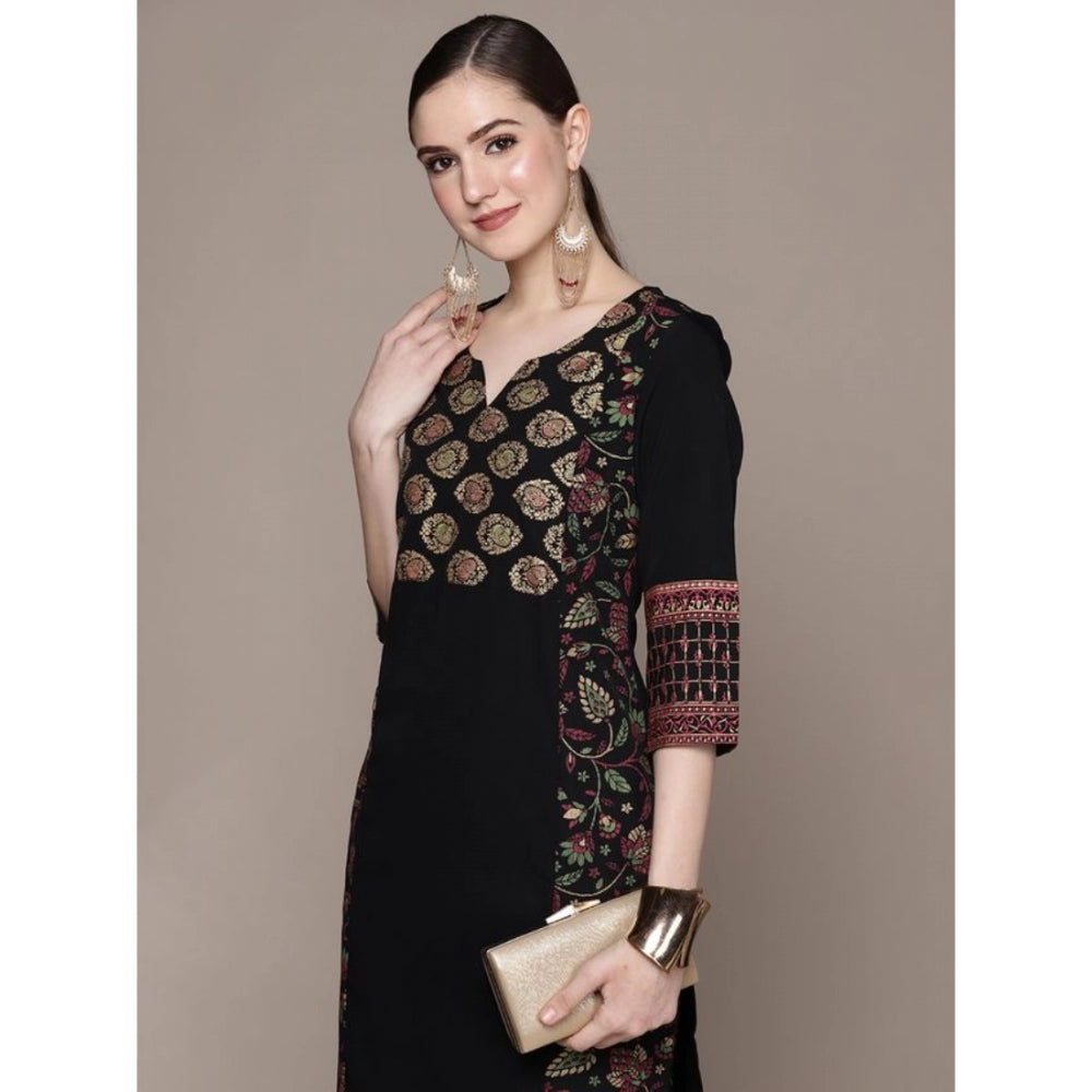 Generic Women's Casual 3-4Th Sleeve Ethnic Motifs Crepe Kurti And Pant Set (Black) - Noble Nook