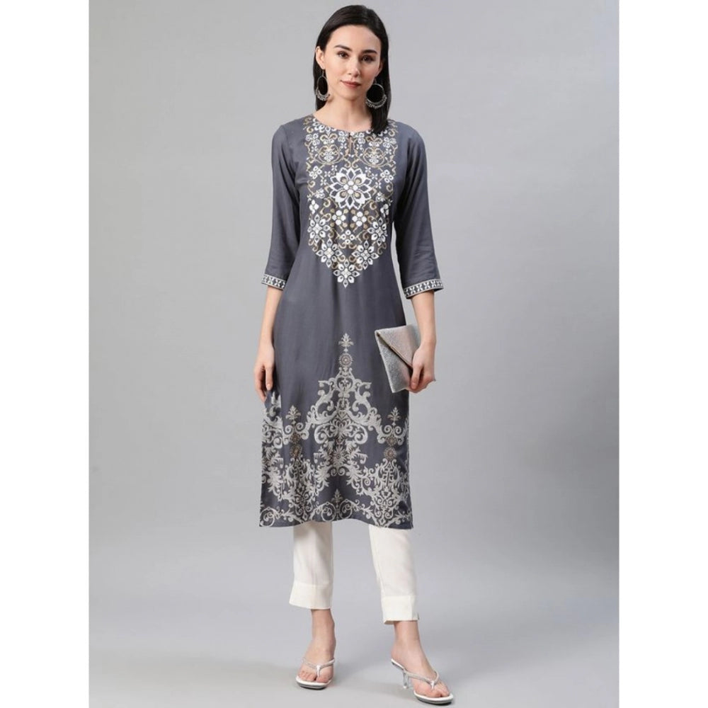 Generic Women's Casual 3-4Th Sleeve Floral Printed Rayon Kurti And Pant Set (Grey) - Noble Nook