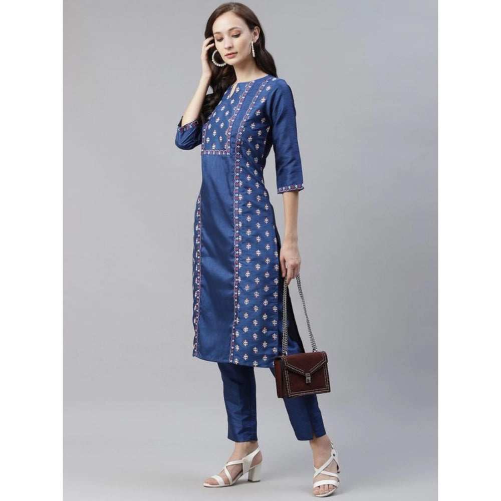 Generic Women's Casual 3-4Th Sleeve Floral Printed Poly Silk Kurti And Pant Set (Blue) - Noble Nook