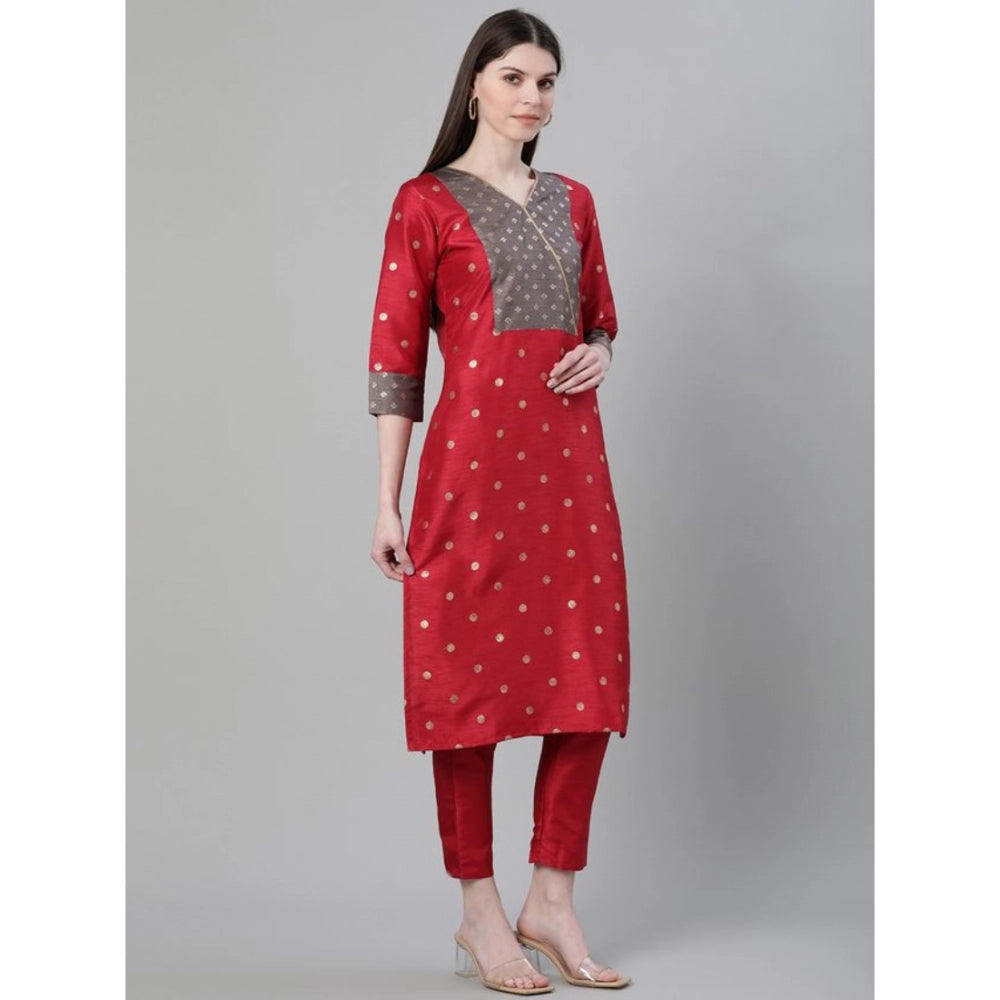 Generic Women's Casual 3-4Th Sleeve Ethnic Motifs Poly Silk Kurti And Pant Set (Red) - Noble Nook