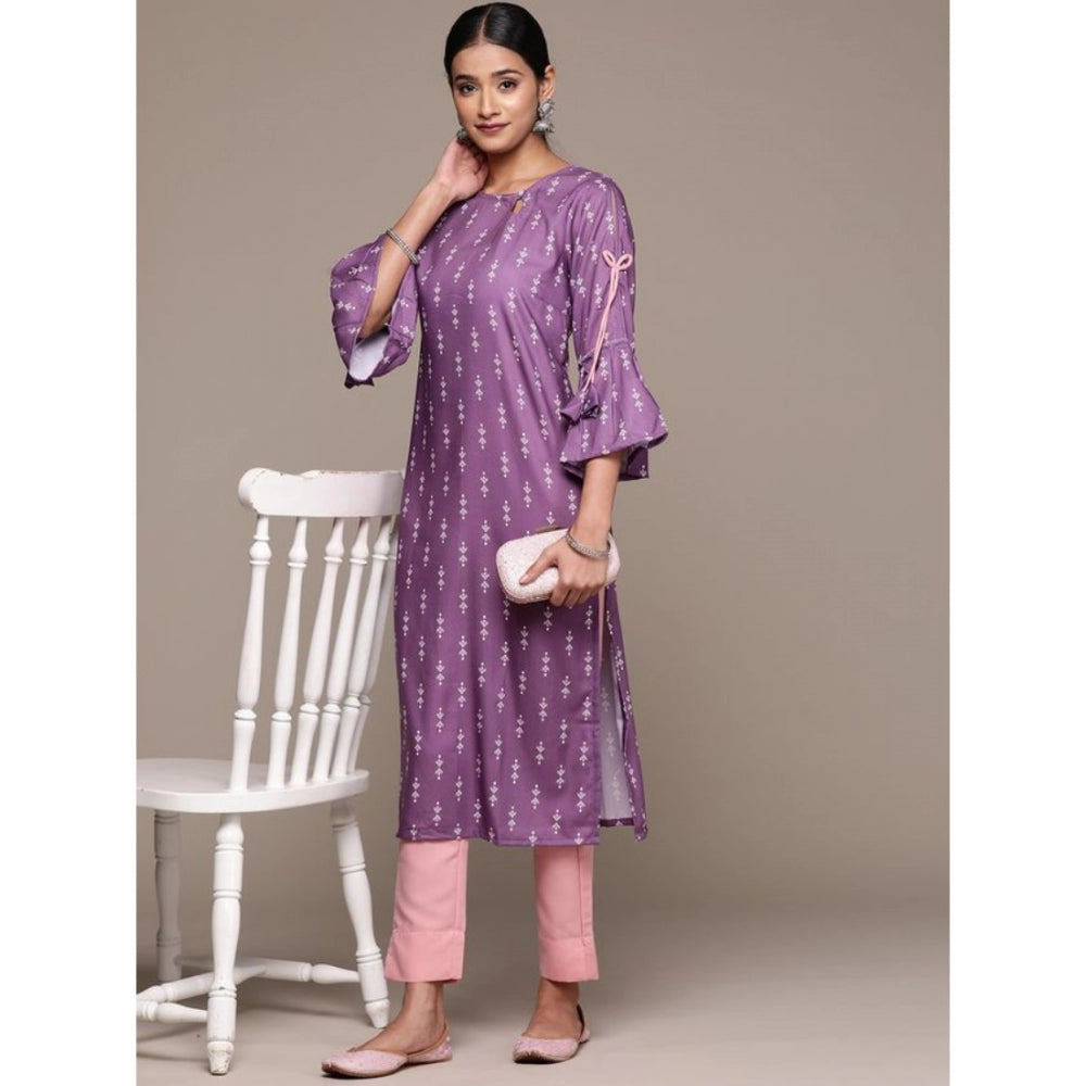 Generic Women's Casual 3-4Th Sleeve Ethnic Motifs Rayon Kurti And Pant Set (Lavender) - Noble Nook