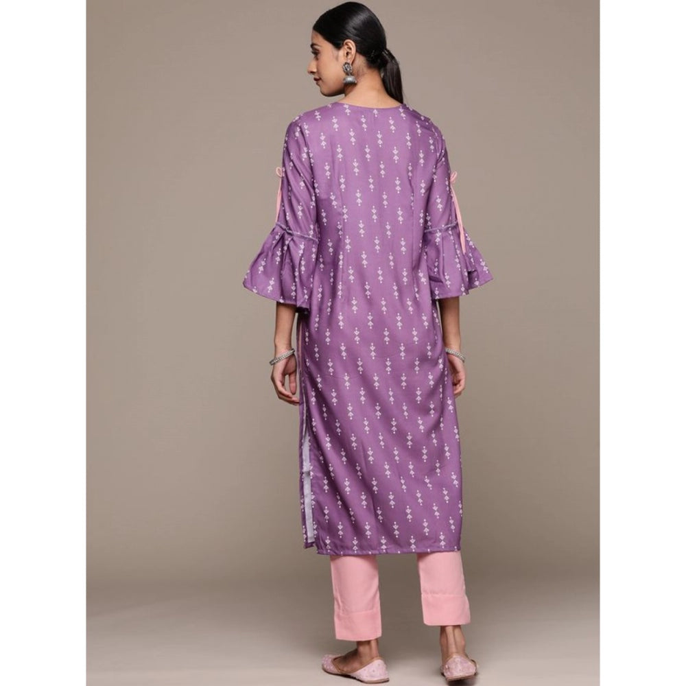 Generic Women's Casual 3-4Th Sleeve Ethnic Motifs Rayon Kurti And Pant Set (Lavender) - Noble Nook