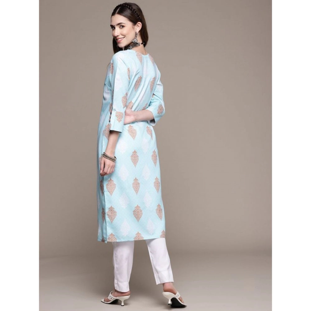 Generic Women's Casual 3-4Th Sleeve Ethnic Motifs Rayon Kurti And Pant Set (Sky Blue) - Noble Nook