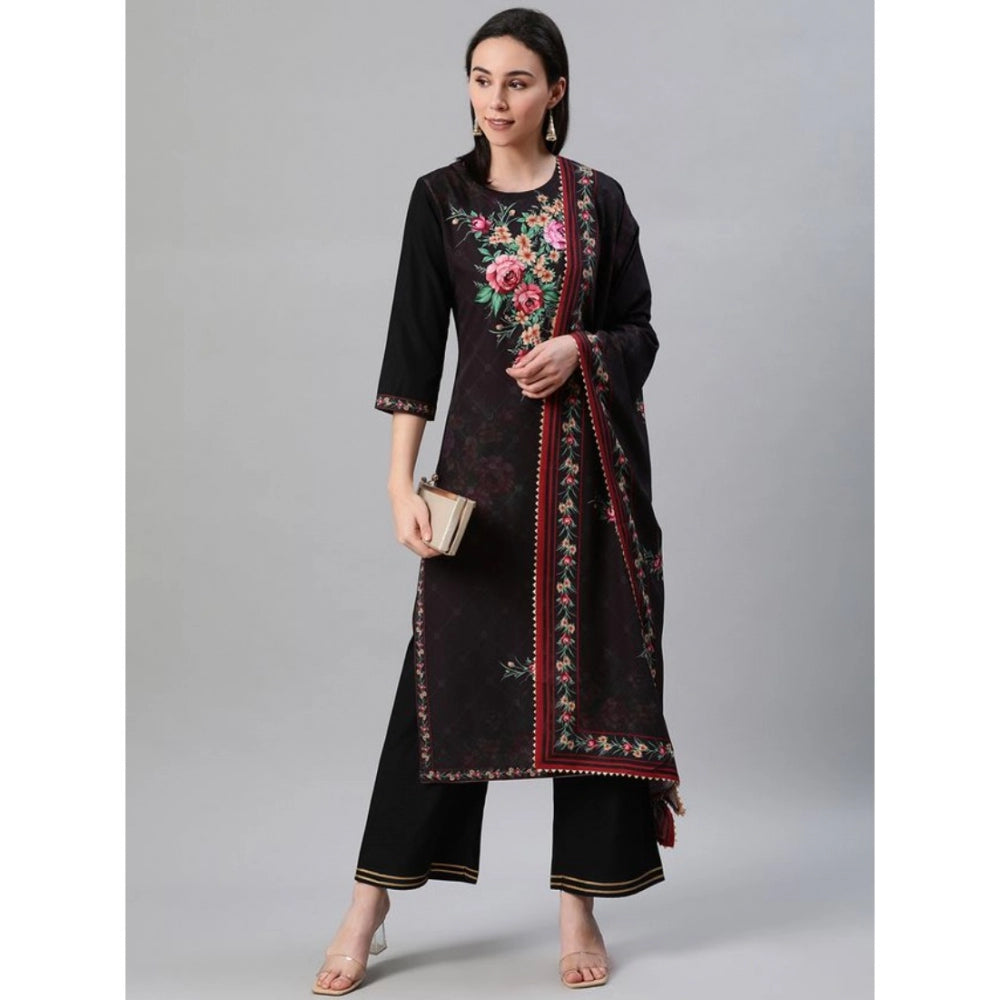 Generic Women's Casual 3-4Th Sleeve Floral Printed Crepe KurtiPalazzo And Dupatta Set (Black) - Noble Nook