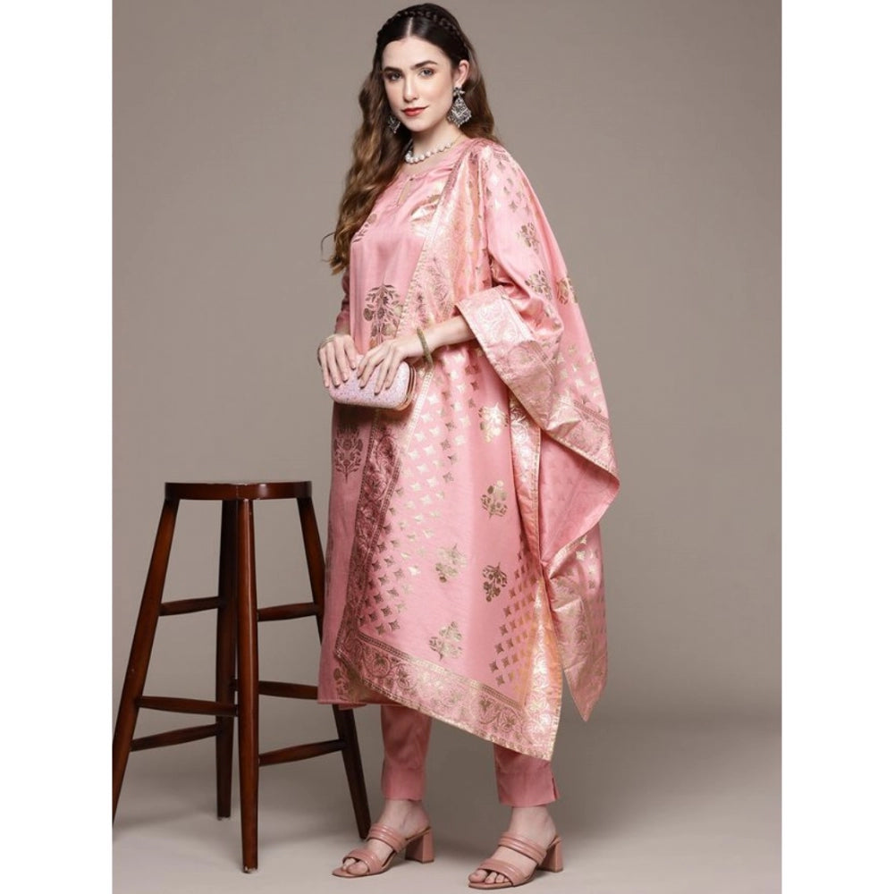 Generic Women's Casual 3-4Th Sleeve Floral Printed Poly Silk Kurti Pant And Dupatta Set (Light Pink) - Noble Nook