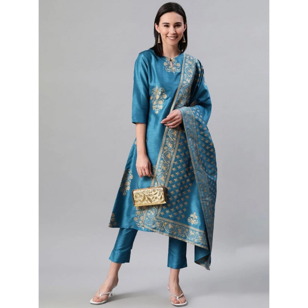 Generic Women's Casual 3-4Th Sleeve Ethnic Motifs Poly Silk Kurti Pant And Dupatta Set (Blue) - Noble Nook