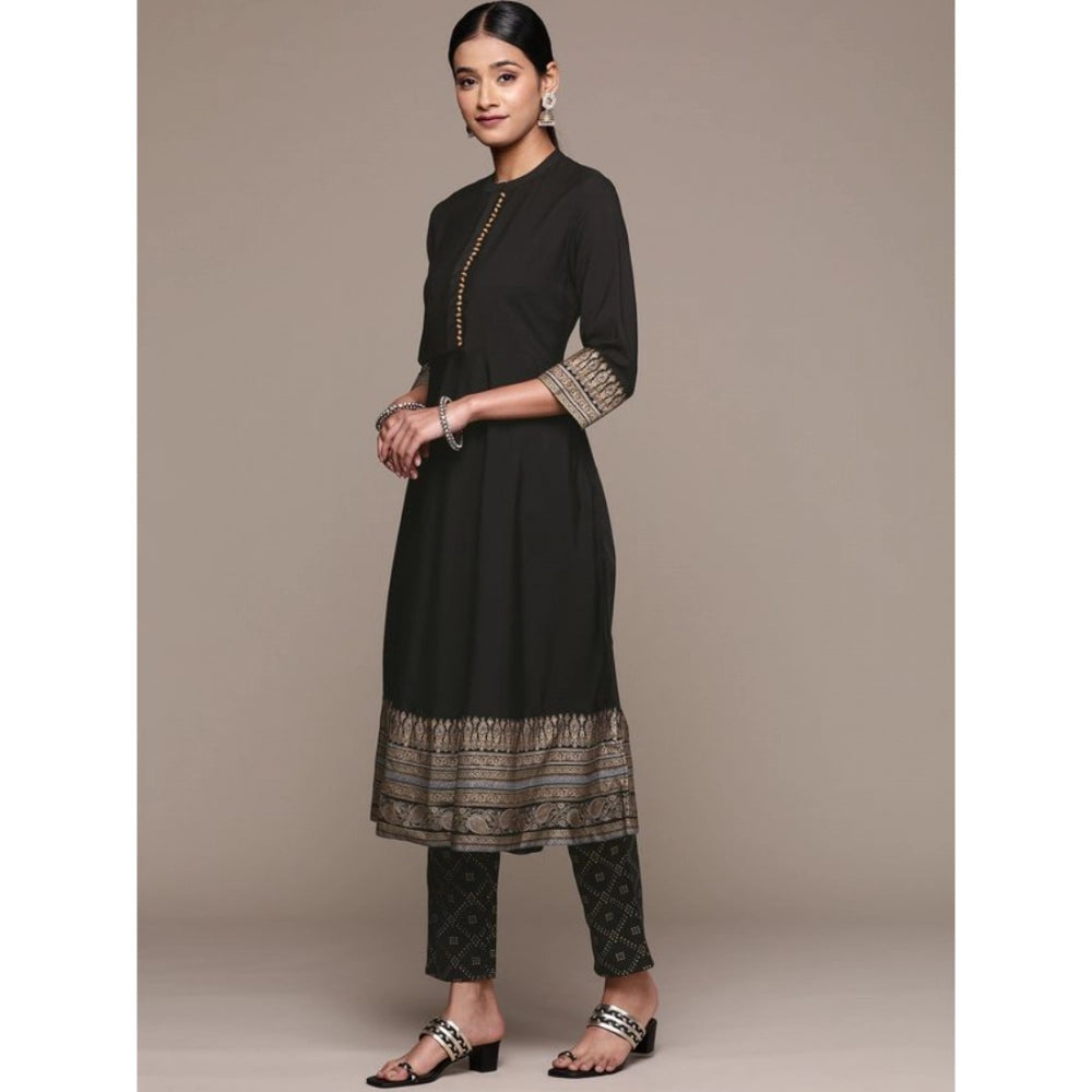 Generic Women's Casual 3-4Th Sleeve Ethnic Motifs Crepe Kurti Pant And Dupatta Set (Black) - Noble Nook