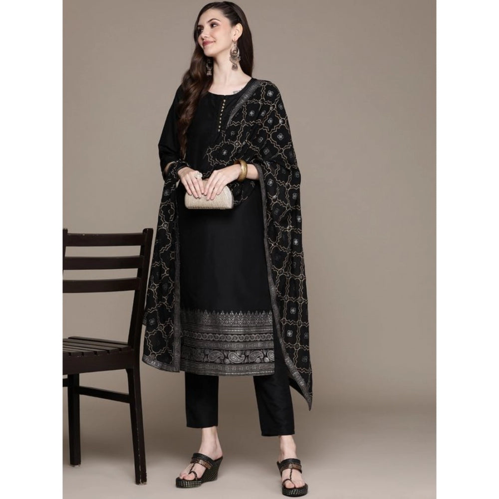 Generic Women's Casual 3-4Th Sleeve Border Crepe Kurti Pant And Dupatta Set (Black) - Noble Nook