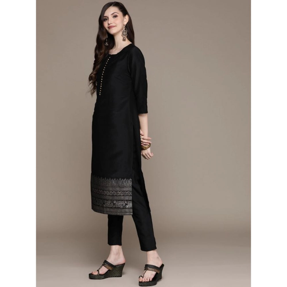 Generic Women's Casual 3-4Th Sleeve Border Crepe Kurti Pant And Dupatta Set (Black) - Noble Nook