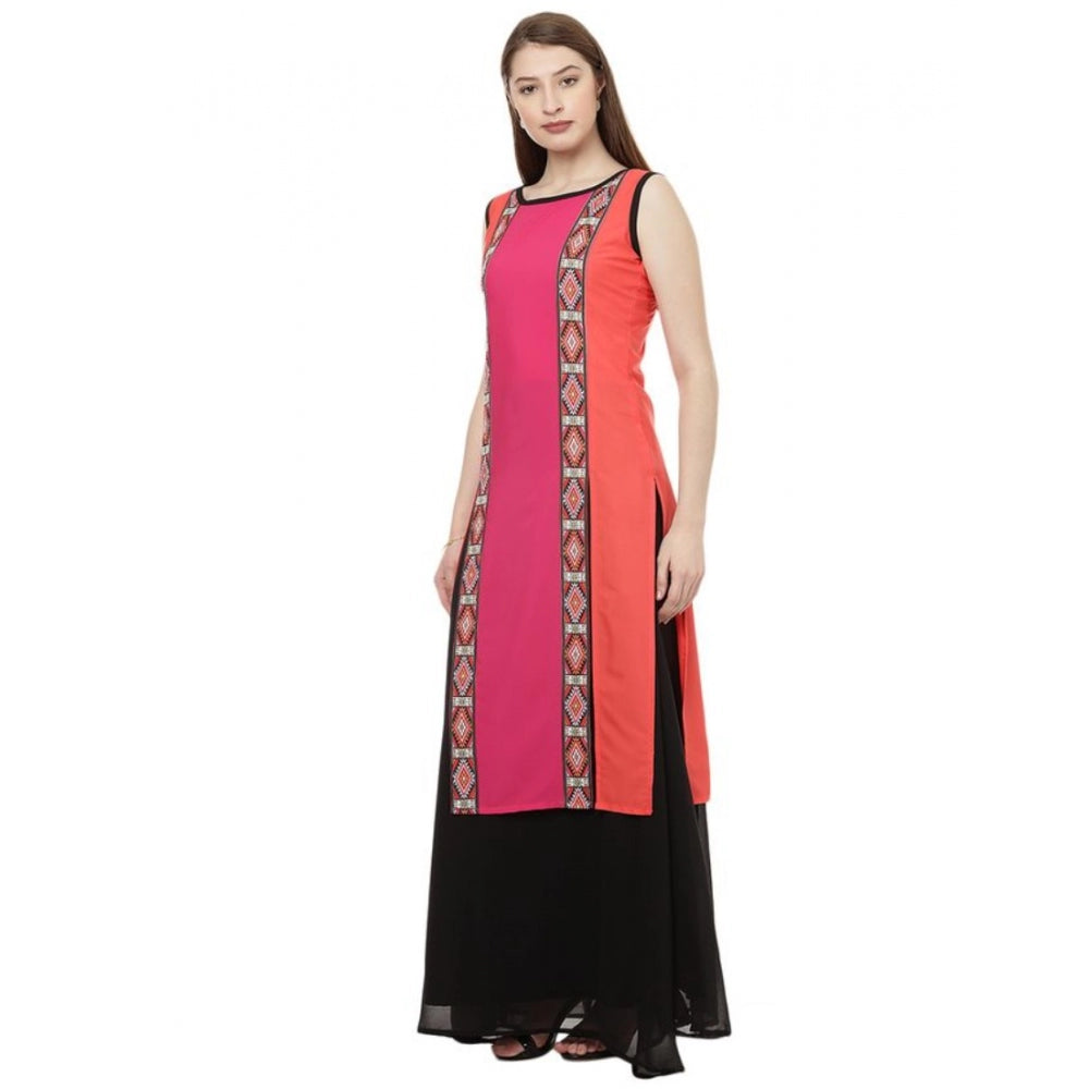 Generic Women's Casual Sleeveless Geometric Crepe Kurti (Pink) - Noble Nook