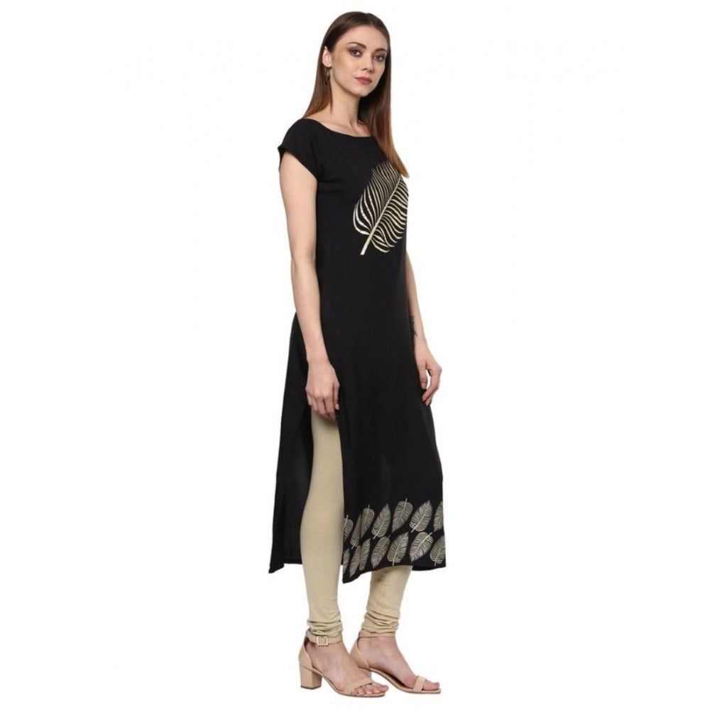 Generic Women's Casual Short Sleeves Ethnic Motifs Crepe Kurti (Black) - Noble Nook