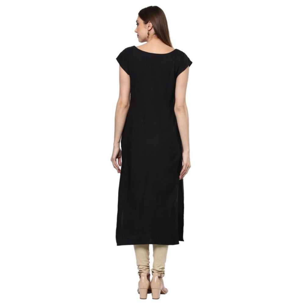 Generic Women's Casual Short Sleeves Ethnic Motifs Crepe Kurti (Black) - Noble Nook