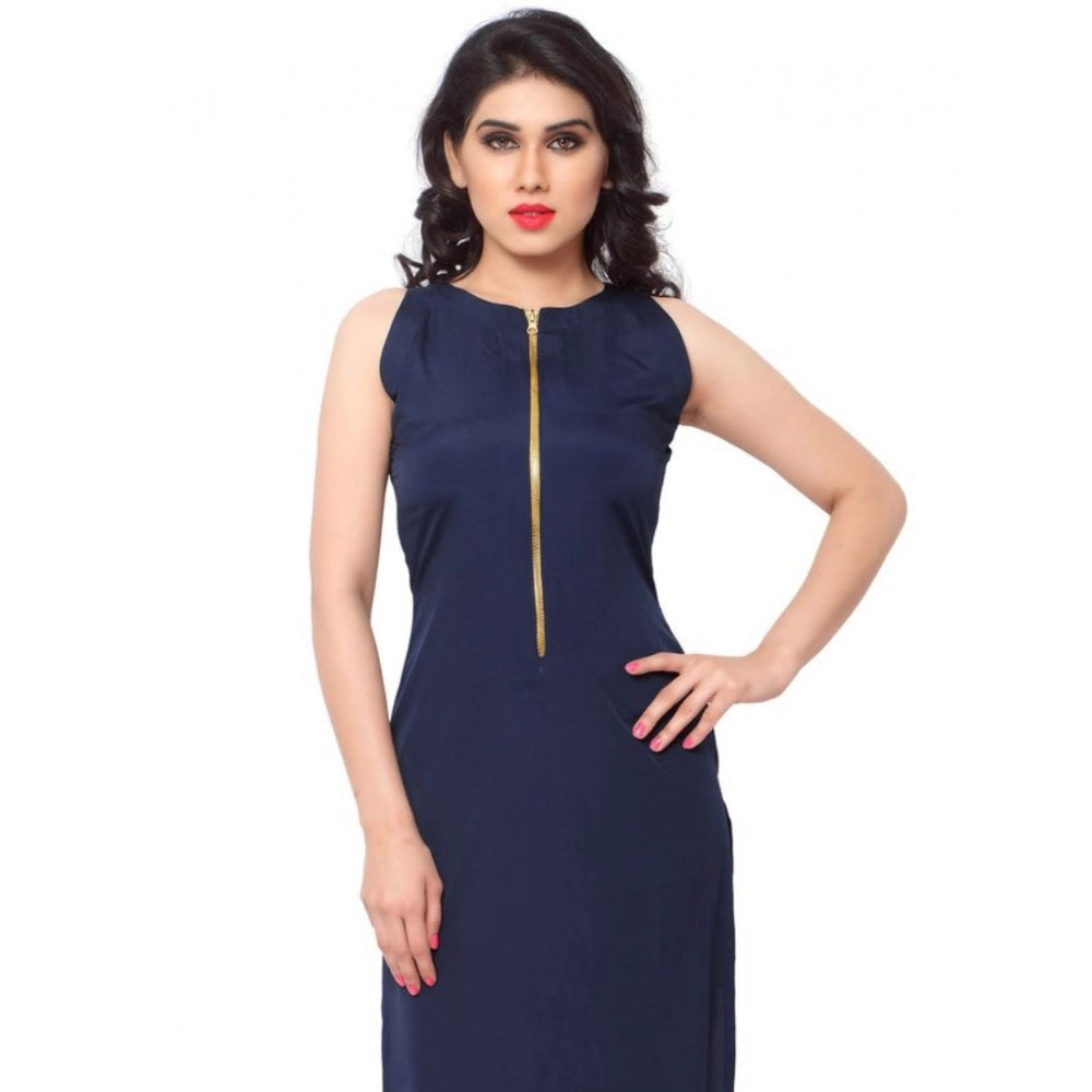 Generic Women's Casual Sleeveless Solid Crepe Kurti (Blue) - Noble Nook