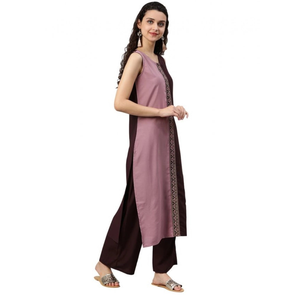 Generic Women's Casual sleeveless Solid Crepe Kurti And Palazzo Set (Brown) - Noble Nook