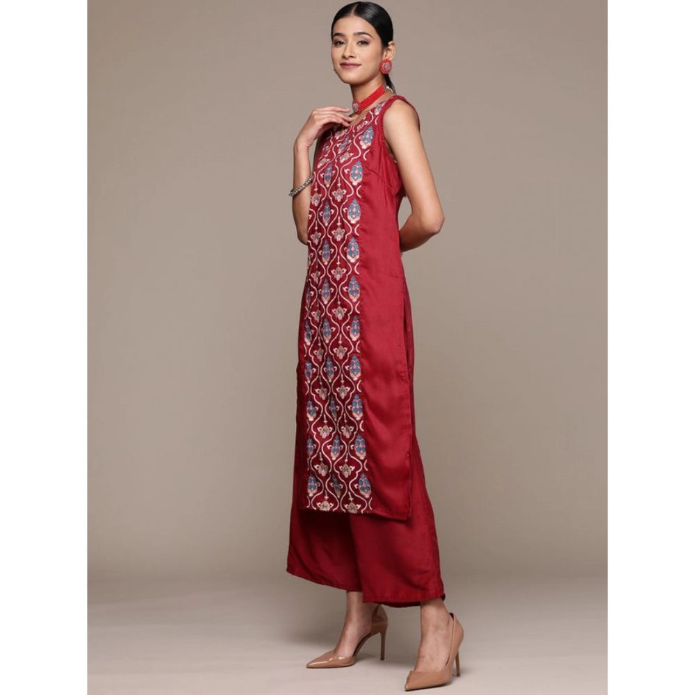 Generic Women's Casual Sleeveless Floral Printed Chinon Kurti and Palazzo Set (Maroon) - Noble Nook