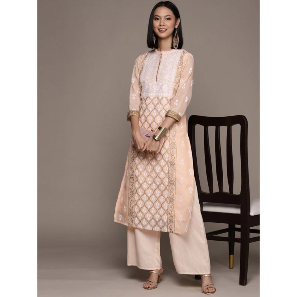 Generic Women's Casual 3-4Th Sleeve Floral Printed Chanderi Cotton Kurti And Palazzo Set (Peach) - Noble Nook