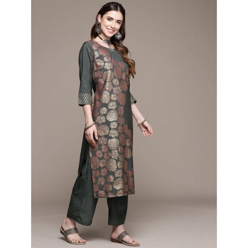 Generic Women's Casual 3-4Th Sleeve Floral Printed Crepe Kurti And Palazzo Set (Dark Grey) - Noble Nook