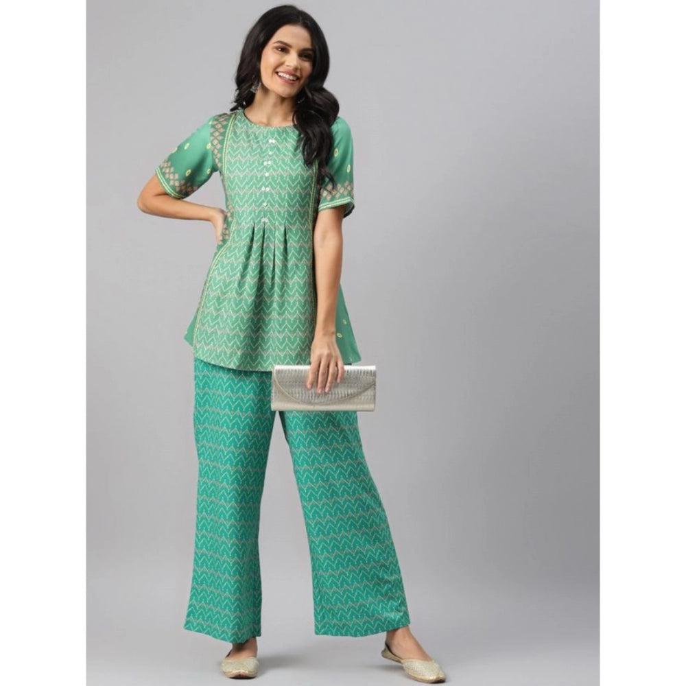 Generic Women's Casual Half Sleeve Geometric Rayon Kurti And Palazzo Set (Green) - Noble Nook