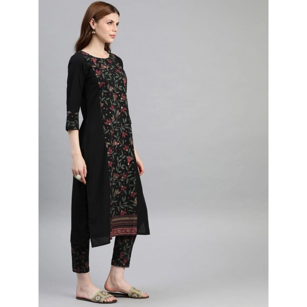 Generic Women's Casual 3-4Th Sleeve Floral Printed Crepe Kurti and Pant Set (Black) - Noble Nook