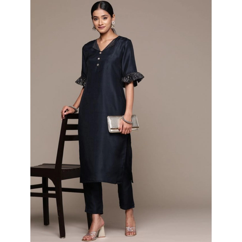 Generic Women's Casual Half Sleeve Solid Chinon Kurti and Pant Set (Navy Blue) - Noble Nook