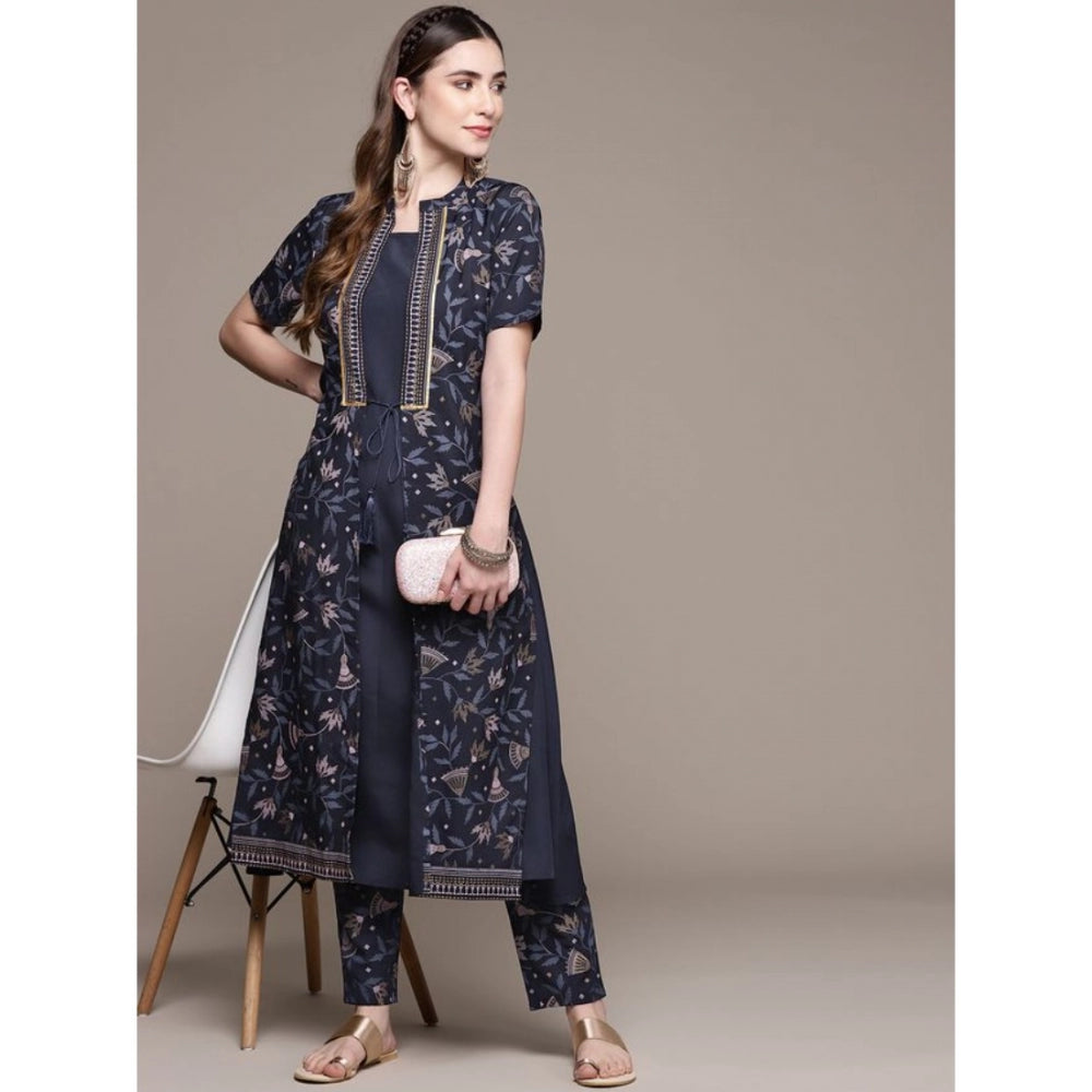 Generic Women's Casual Half Sleeve Ethnic Motifs Crepe Kurti and Pant Set (Navy Blue) - Noble Nook