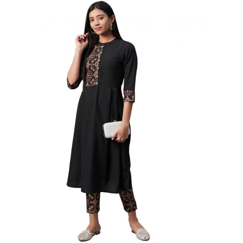 Generic Women's Casual 3-4Th Sleeve Geometric Crepe Kurti And Pant Set (Black) - Noble Nook