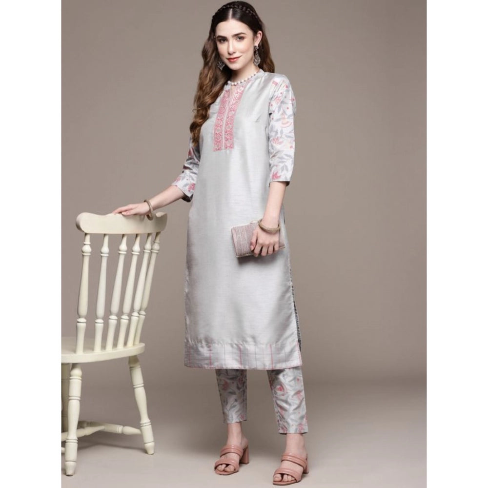 Generic Women's Casual 3-4Th Sleeve Solid Poly Silk Kurti and Pant Set (Light Grey) - Noble Nook