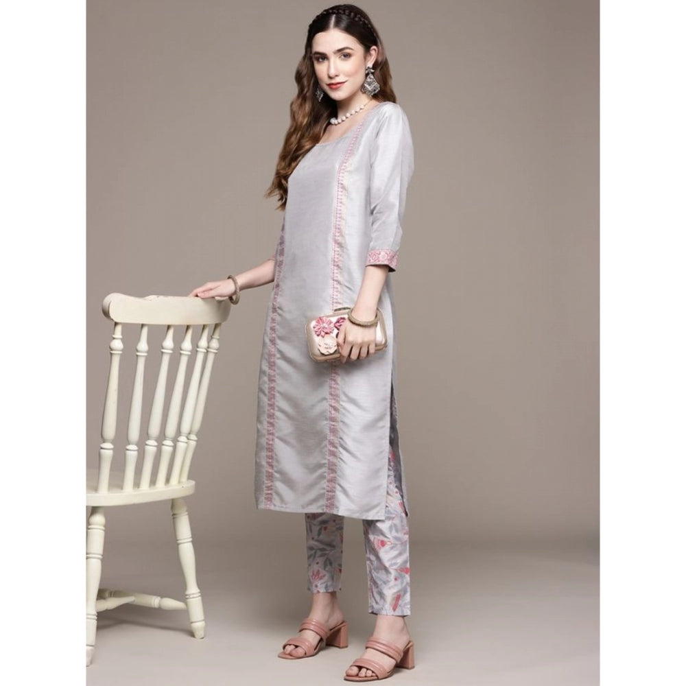 Generic Women's Casual 3-4Th Sleeve Geometric Poly Silk Kurti and Pant Set (Light Grey) - Noble Nook