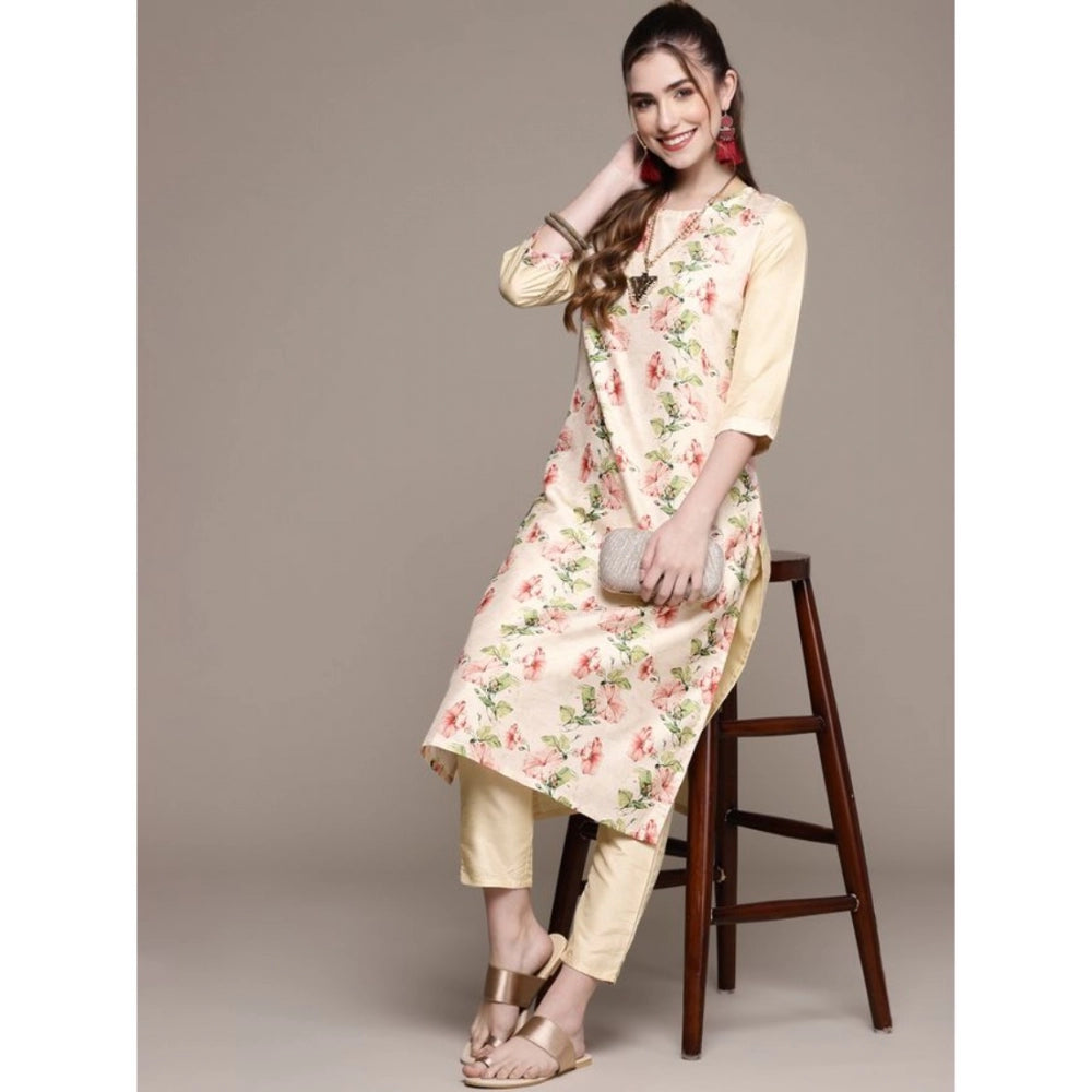 Generic Women's Casual 3-4Th Sleeve Floral Printed Poly Silk Kurti and Pant Set (Cream) - Noble Nook