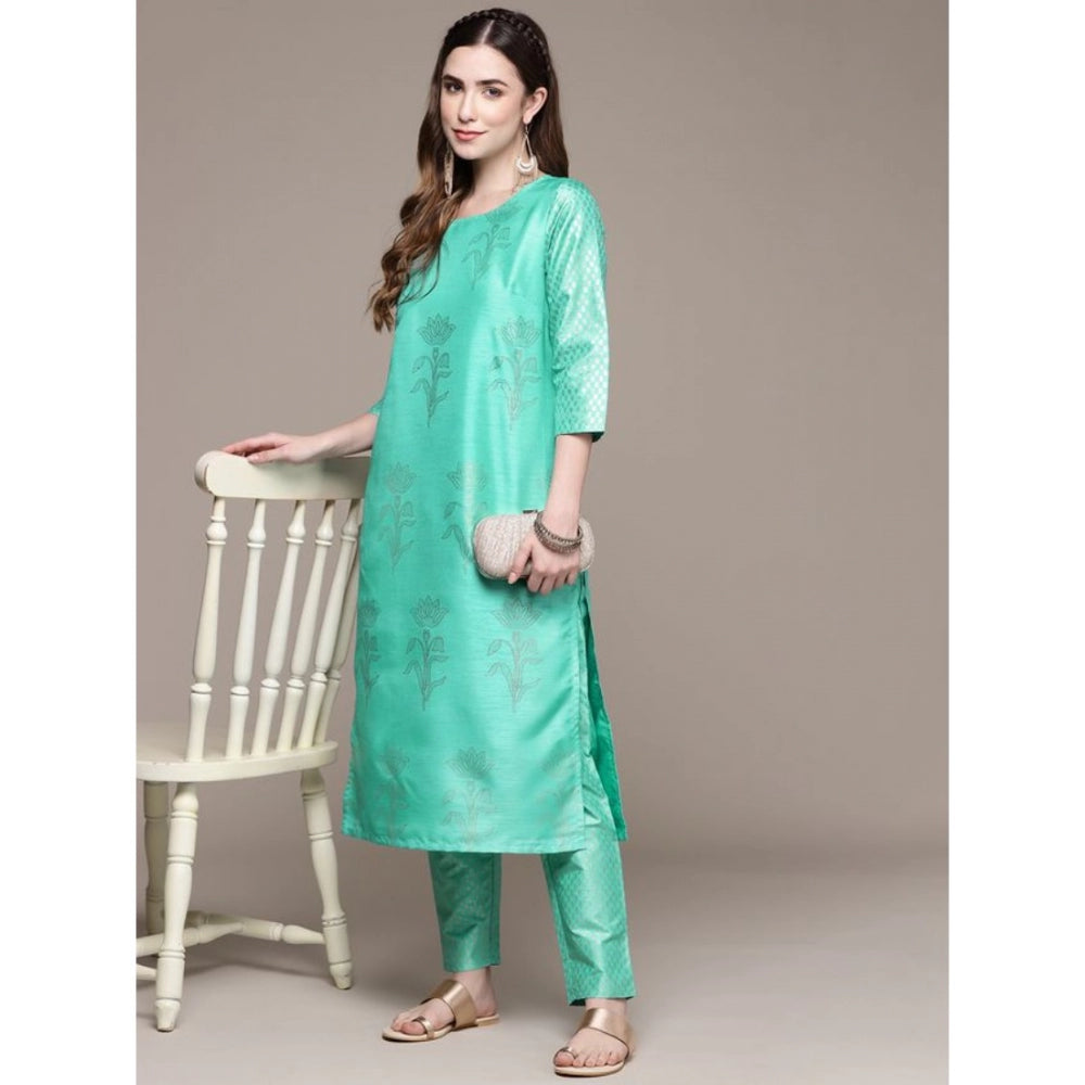 Generic Women's Casual 3-4Th Sleeve Floral Printed Poly Silk Kurti and Pant Set (Sea Green) - Noble Nook