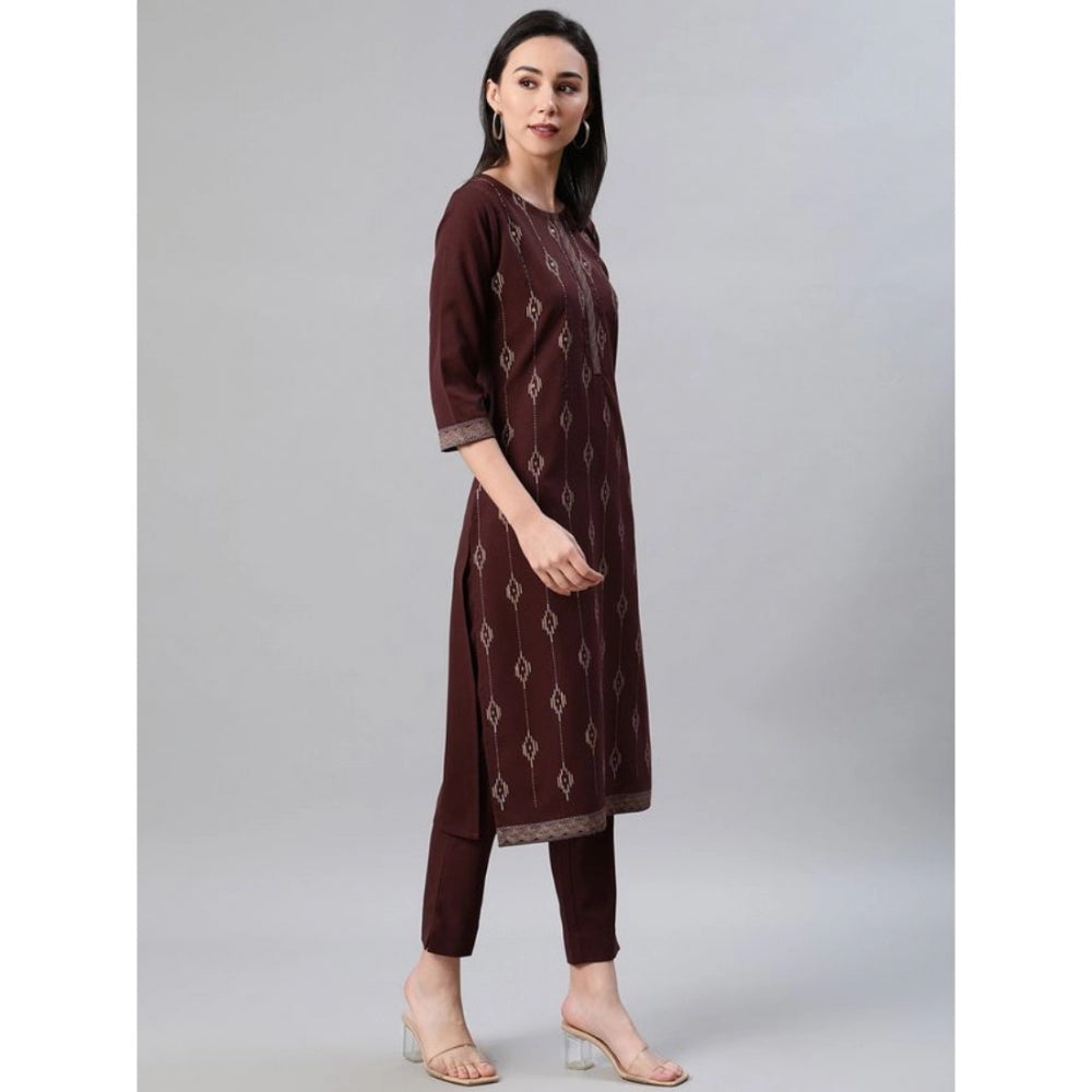 Generic Women's Casual 3-4Th Sleeve Ethnic Motifs Rayon Kurti And Pant Set (Brown) - Noble Nook