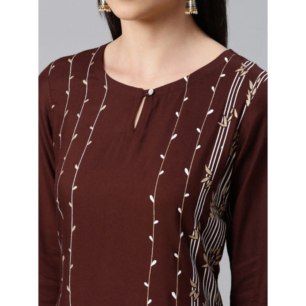 Generic Women's Casual 3-4Th Sleeve Ethnic Motifs Rayon Kurti And Pant Set (Brown) - Noble Nook