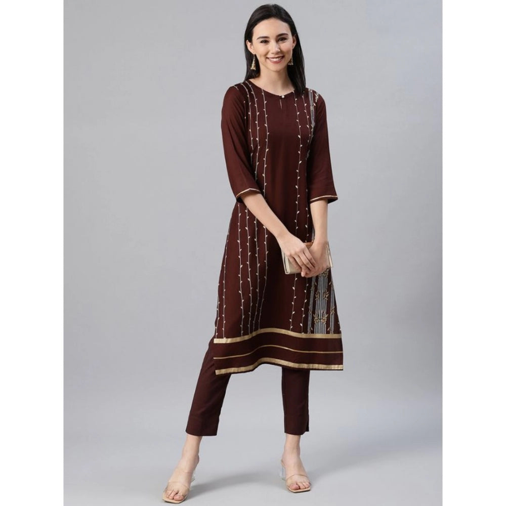 Generic Women's Casual 3-4Th Sleeve Ethnic Motifs Rayon Kurti And Pant Set (Brown) - Noble Nook