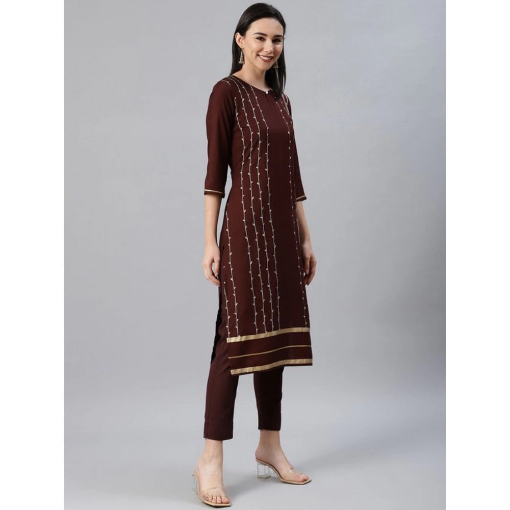 Generic Women's Casual 3-4Th Sleeve Ethnic Motifs Rayon Kurti And Pant Set (Brown) - Noble Nook