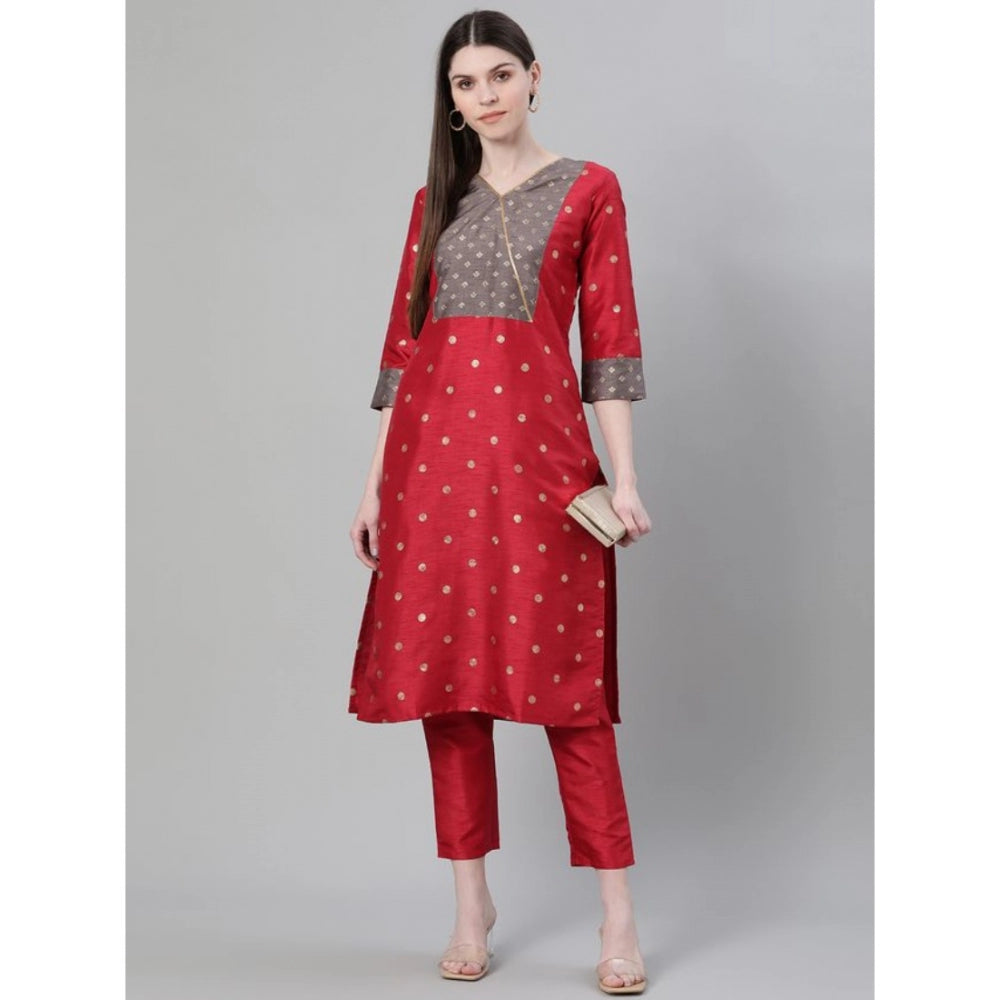 Generic Women's Casual 3-4Th Sleeve Ethnic Motifs Poly Silk Kurti And Pant Set (Red) - Noble Nook