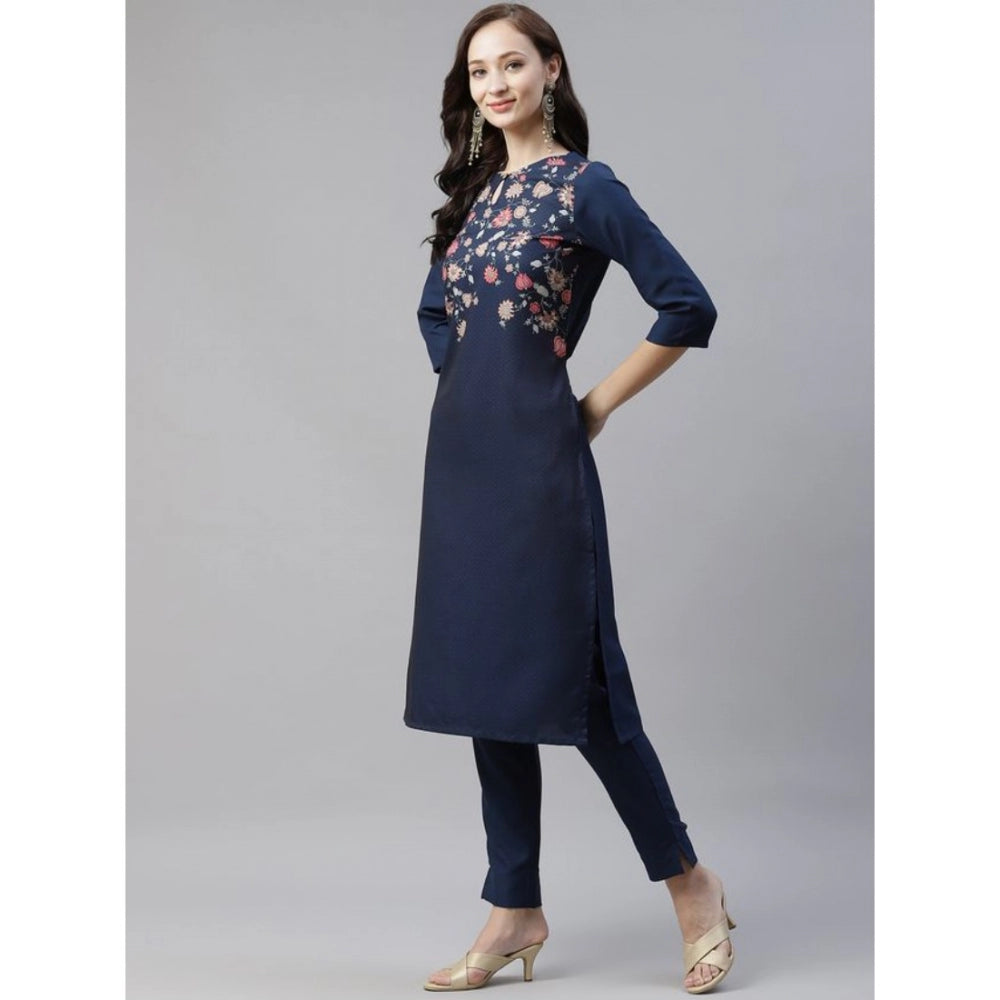 Generic Women's Casual 3-4Th Sleeve Floral Printed Rayon Kurti And Pant Set (Navy Blue) - Noble Nook