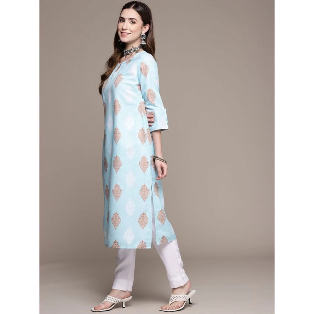 Generic Women's Casual 3-4Th Sleeve Ethnic Motifs Rayon Kurti And Pant Set (Sky Blue) - Noble Nook