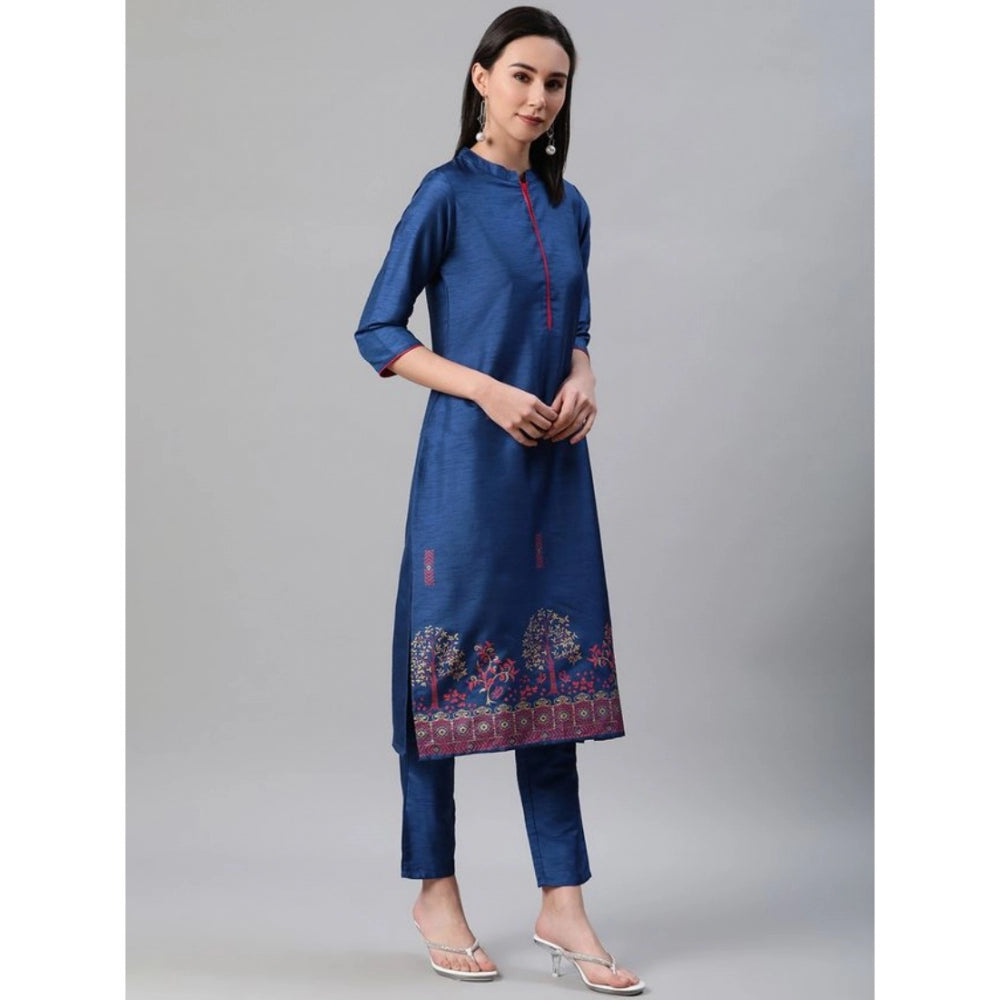 Generic Women's Casual 3-4Th Sleeve Floral Printed Poly Silk Kurti Pant And Dupatta Set (Blue) - Noble Nook